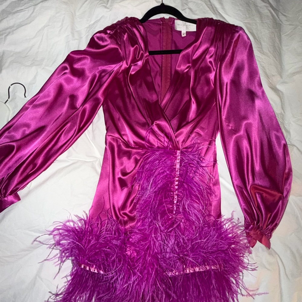 Bronx and Banco Hot Pink Satin Mini Dress with Feather Trim🩷